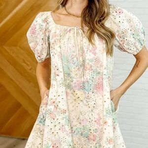 NWT Gee Gee Floral Eyelet Puff Sleeve Dress Cottagecore Balletcore Fall Small